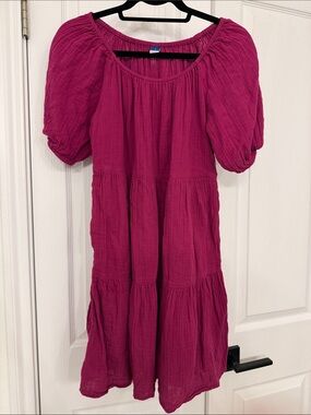 Old Navy Magenta Cotton Gauze Puff Sleeve Tiered Mini Dress Size Small